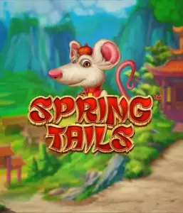 A charming illustration of a white rat dressed in traditional Chinese attire positioned in front of a vibrant mountain backdrop. The image represents the Spring Tails Slot by Betsoft, highlighted with prominent red and gold logo lettering.
